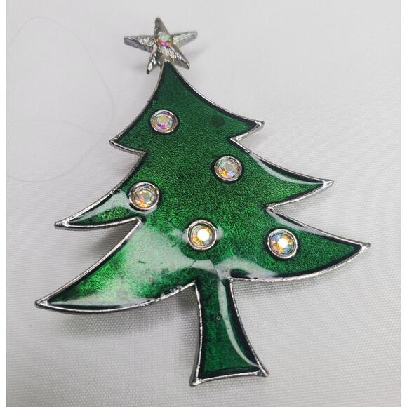 Vtg Tancer II Enamel And AB Rhinestone Christmas Tree Brooch Signed - Picture 3 of 6